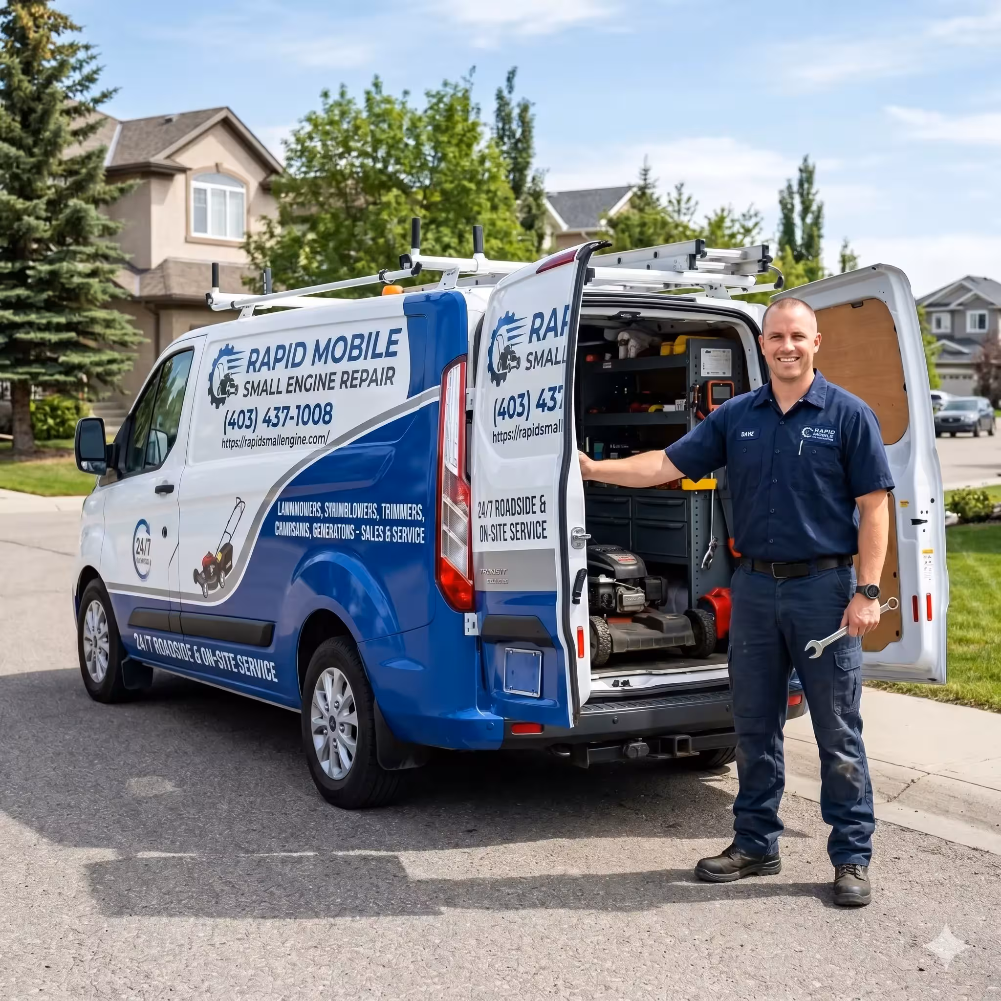 Professional small engine repair technician next to fully equipped mobile service van in Calgary